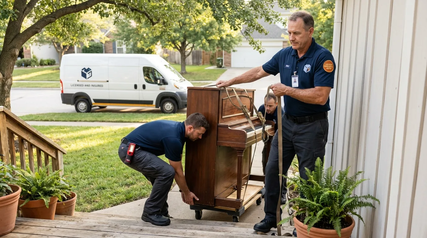 Licensed piano movers securing grand piano in Uvalde, TX